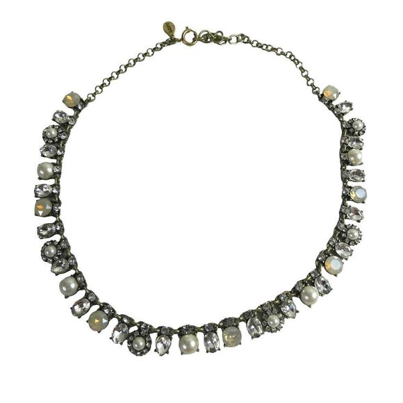 LOFT Silver Tone Rhinestone Faux Pearl Dangle Bib Statement Necklace Chain 18.5" - Picture 1 of 9
